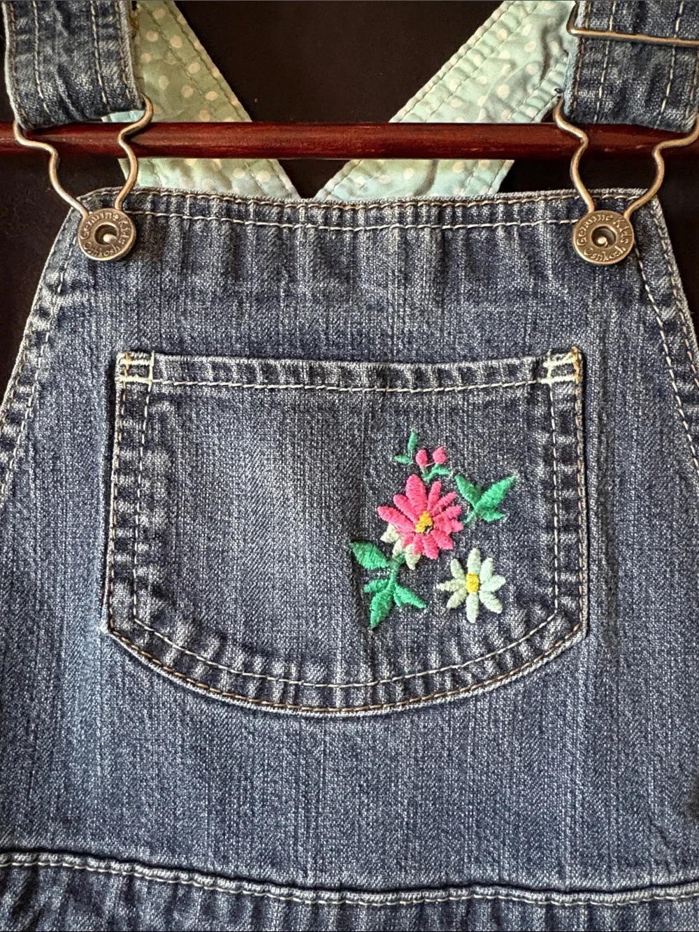 OshKosh B’gosh Girls 3T Denim Overalls Floral Embroidered Pocket Blue